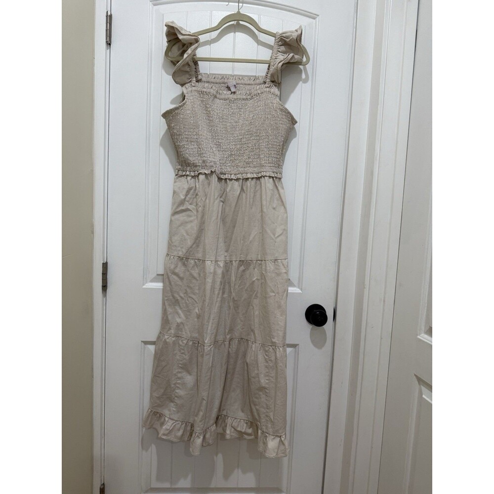 Chelsea28 Linen Blend Resort Smocked Dress Long Ruffle Sleeves Sz XL Khaki